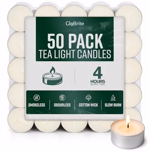 Globrite Unscented White Tea Light Candles, 4 Hour Burn Time, Pack of 50