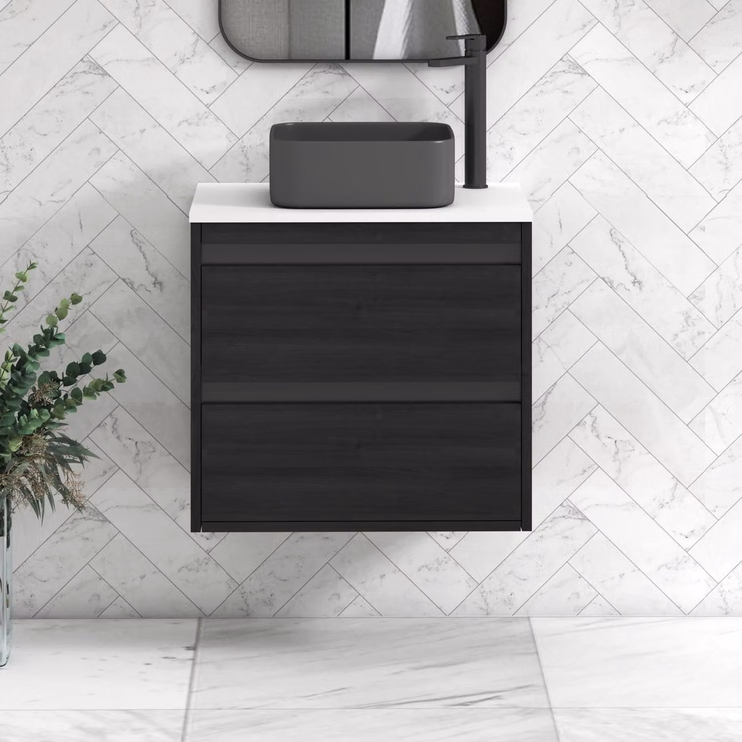 Royal Bathrooms Orion 600mm Hale Wall Hung Vanity Unit in Plain White with Art Square Basin and Black Accent Trim
