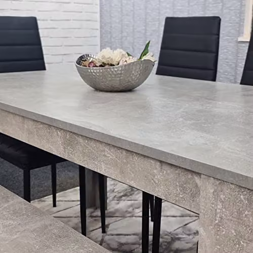 KOSY KOALA Modern 6 Seater Dining Set with Grey Stone Effect Table, 4 Black Faux Leather Chairs and 1 Bench, W/D/H: 140 x 80 x 75 cm – 5