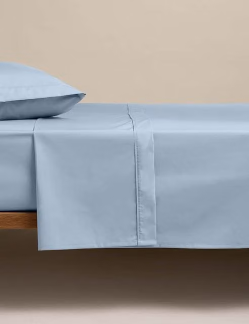 M&S Egyptian Cotton 230 Thread Count Breathable Flat Sheet, Dusty Blue, W/D/H: 140 x 200 cm