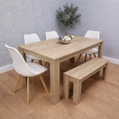 KOSY KOALA Modern Dining Table Set with Bench and 4 Cream Chairs, Oak Effect Wooden Kitchen Furniture, W/D/H: 117 x 77 x 75 cm
