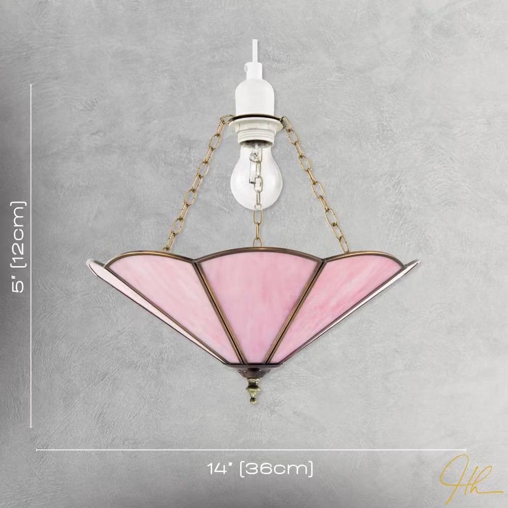 Happy Homewares Classic Tiffany Glass Easy Fit Pendant Shade in Pink with Brass Trims, Diameter: 35.56 cm – 3