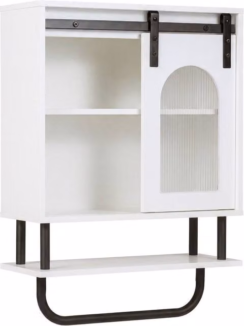 Costway White Wall Mounted Bathroom and Kitchen Medicine Cabinet with Sliding Glass Barn Doors and Internal Shelves