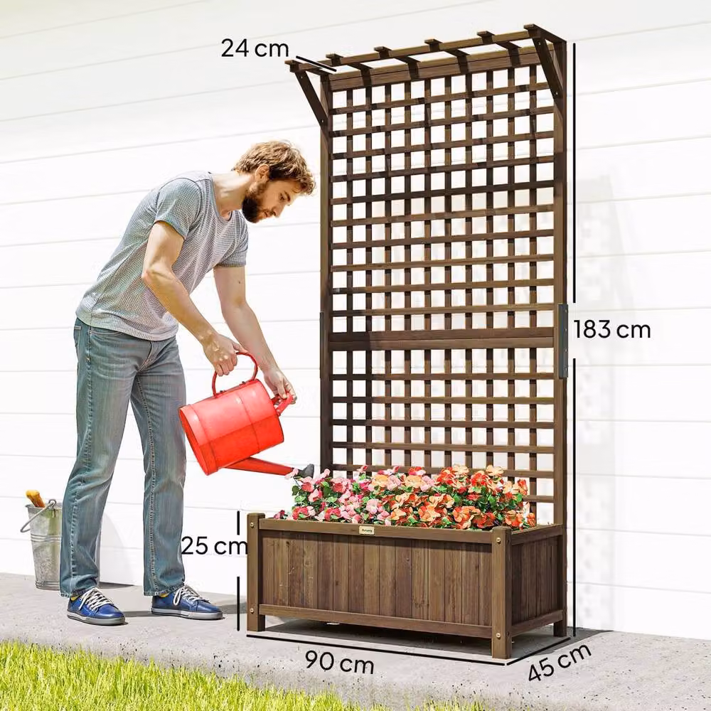 Kelvenix Brown Wooden Raised Bed Planter with Trellis for Climbing Plants, W/D/H: 183 x 90 x 45 cm – 2