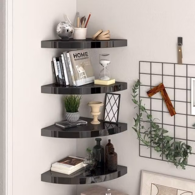 Berkfield Home Set of 4 High Gloss Black Floating Corner Shelves, W/D/H: 35 x 35 x 3.8 cm
