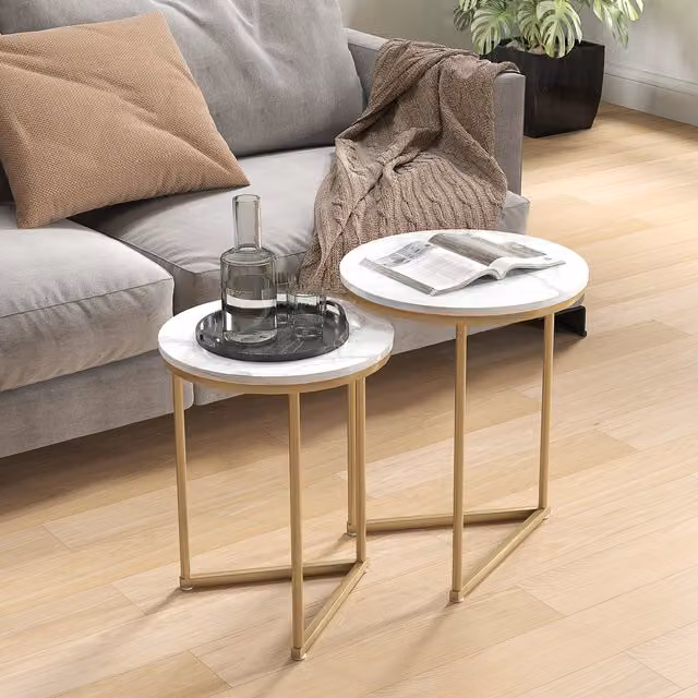 HOMCOM Set of 2 Round Nesting Coffee Tables with Marble Tops and Gold Tone Finish