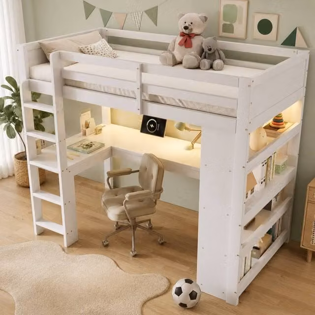 Merax White Wooden Single Loft High Sleeper Bed with Desk, Side Compartments and USB Charging Port, W/D/H: 190 x 90 x 120 cm