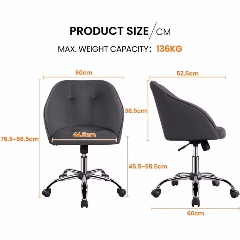 Kelvenix Grey Velvet Swivel Desk Chair with Adjustable Height and Castors – 2