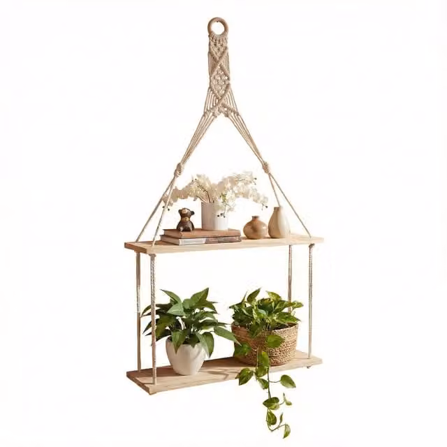 GEEZY 2 Tier Boho Macrame Rope Hanging Wall Storage Shelf in Brown Wood