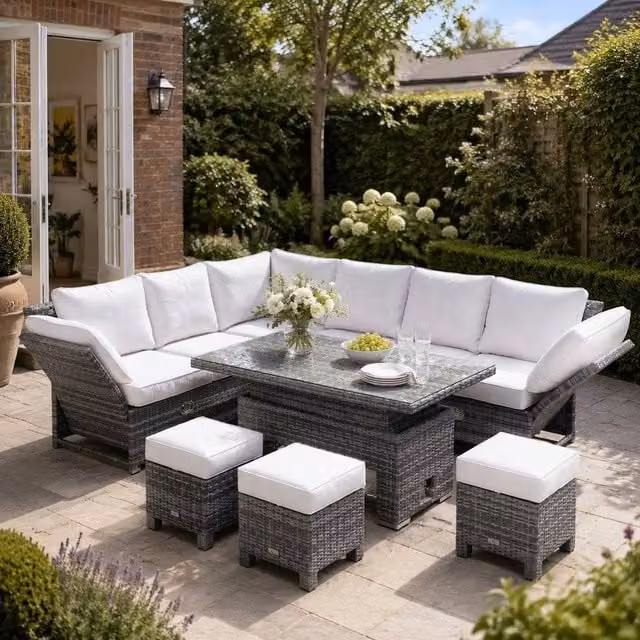 Direct Wicker Grey L-Shape Outdoor Sofa Set with Ottoman and Coffee Table in Powder Coated Aluminium