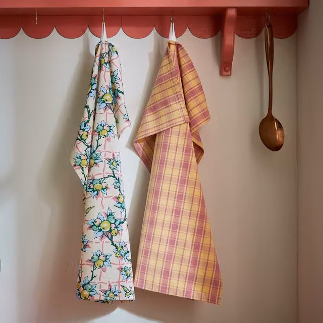 Land & Shore Cotton Woven Check and Berry Grove Tea Towel Set of 2 in Multicolour