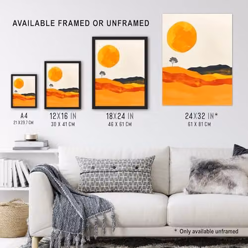 Artery8 Abstract Landscape Lone Tree Boho Wall Art Poster Print on Thick Paper, Orange, W: 45.7 x H: 61.0 cm – 3
