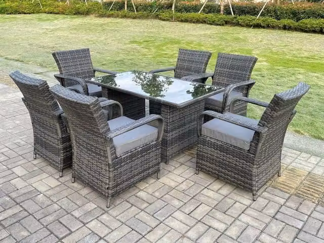 Fimous Outdoor Rattan Garden Dining Set with Rectangular Glass Top Table and 6 Chairs in Dark Grey