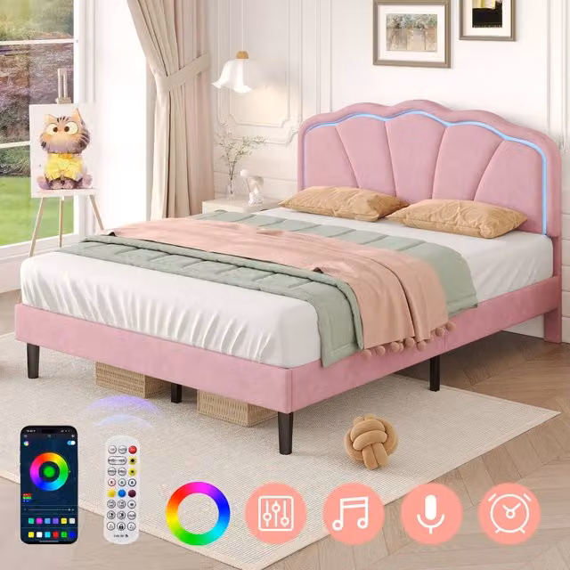 Matteo Pink Velvet Double Bed Frame with Adjustable LED Headboard