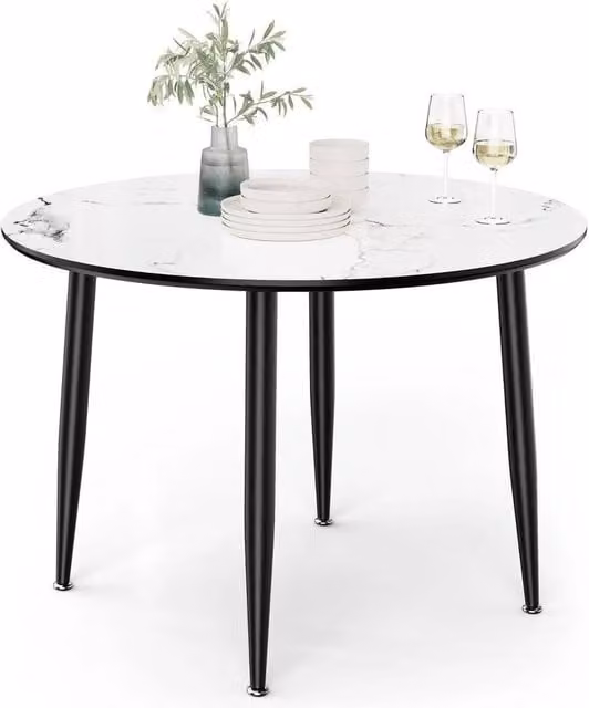 Havendro 4 Seater Round Dining Table with White Marble Top Effect and Metal Legs, Diameter: 110 cm, Height: 75 cm – 1