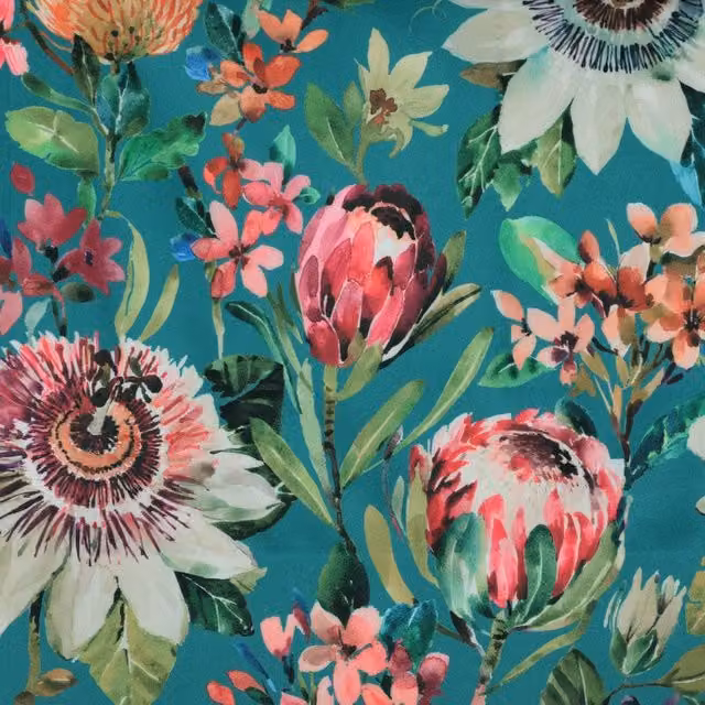 Clarke & Clarke Paradise Velvet Fabric in Petrol and Multicolour