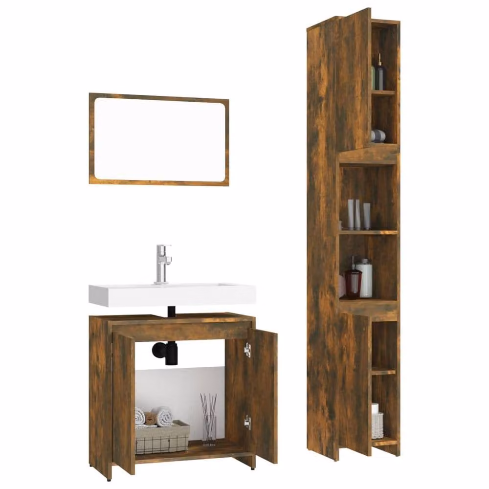 Berkfield Home 3 Piece Modern Brown Smoked Oak Bathroom Furniture Set – 3