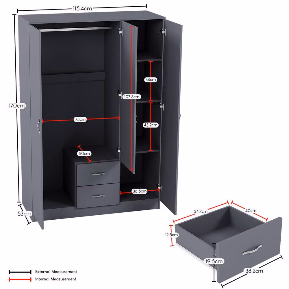 HD Designs Riano Modern Grey Mirrored Wardrobe with 3 Doors and 2 Drawers – 3