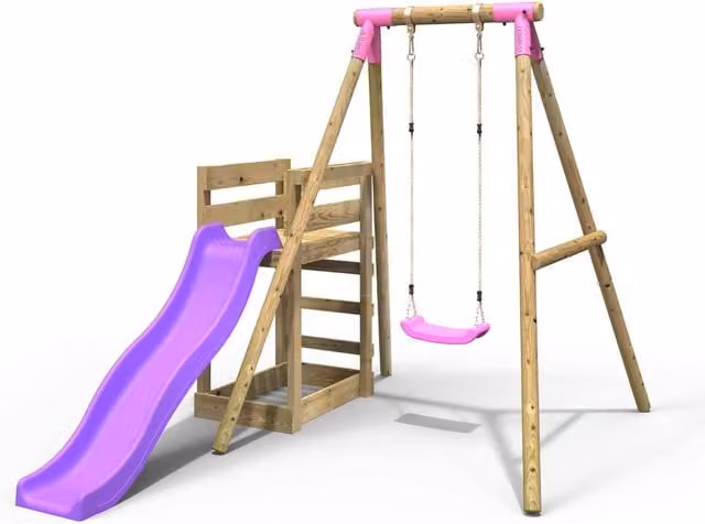 Rebo Solar Wooden Single Swing Set with Slide in Pink