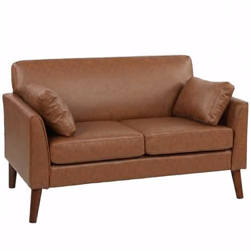 HOMCOM 2 Seater Upholstered Sofa in Brown Synthetic Leather, W: 132 cm, D: 74 cm, H: 79 cm