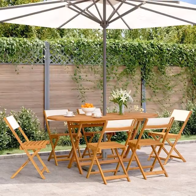 Berkfield Home Set of 6 Folding Garden Chairs in Cream White Fabric and Acacia Wood