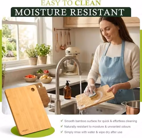 Lazzaro Bamboo Chopping Board Set of 3 in Brown, Extra Thick Rectangular Wooden Cutting Boards with Juice Grooves and Handles – 4