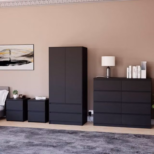 Vida Designs Modern 4 Piece Black Bedroom Set Including Wardrobe, Chest of Drawers and 2 Nightstands