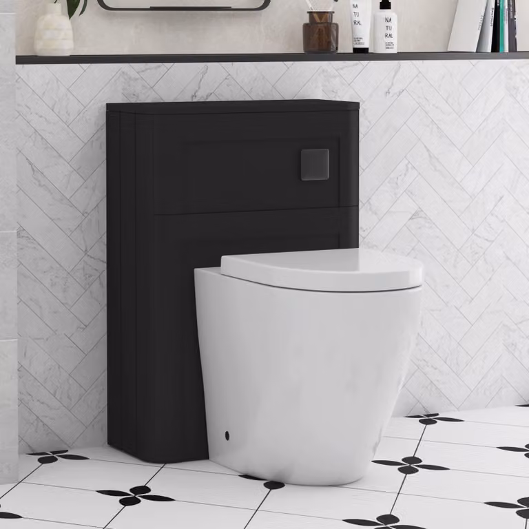 Royal Bathrooms Henley Wall Mounted WC Unit in Matt Nocturne Black with Elva Rimless Short Projection Toilet Pan, Seat and Cistern, Width: 55 cm