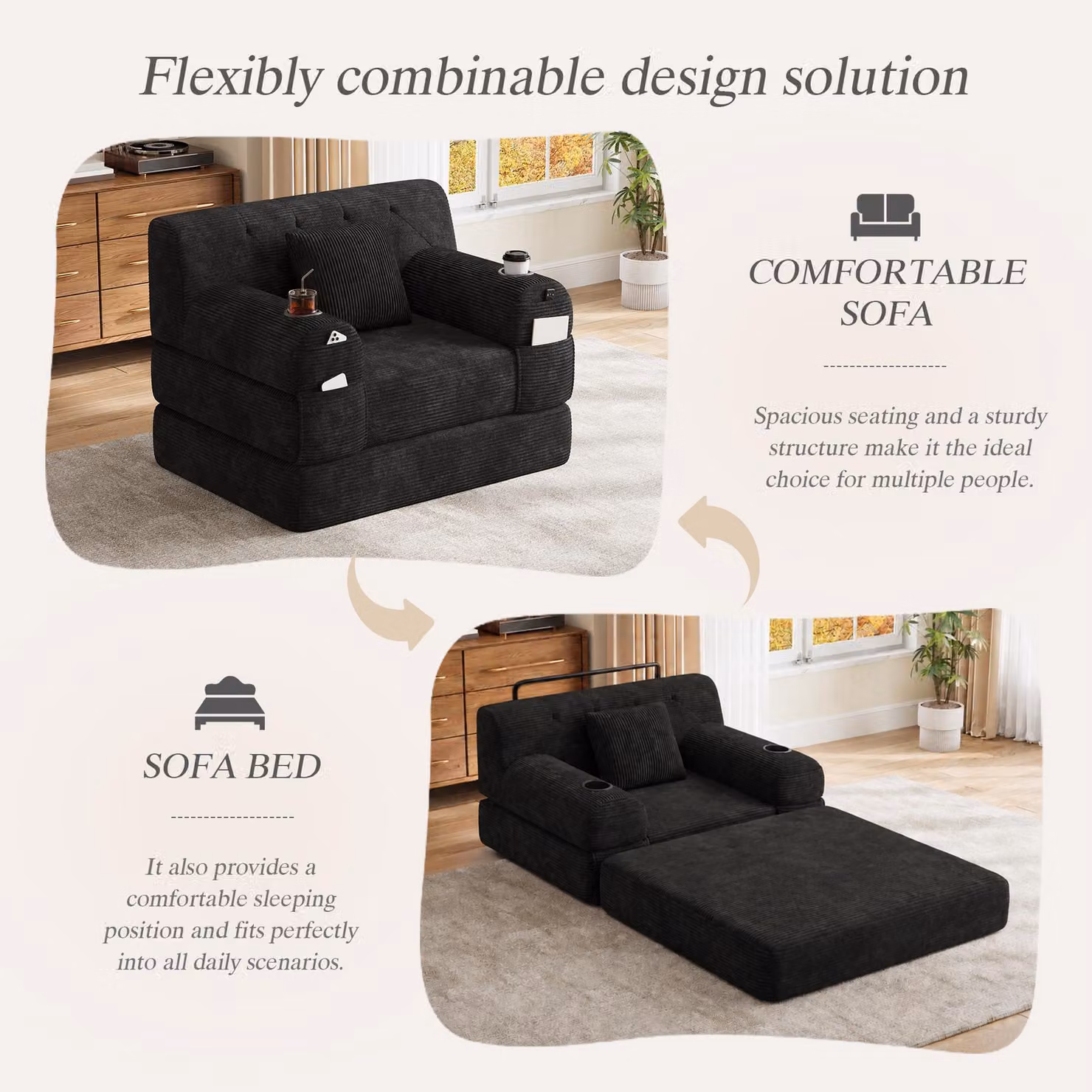 Aosom UK 1-Seater Convertible Chair Bed with Metal Frame and High-Density Foam, Black, L: 107 cm, W: 80 cm, H: 81 cm – 5