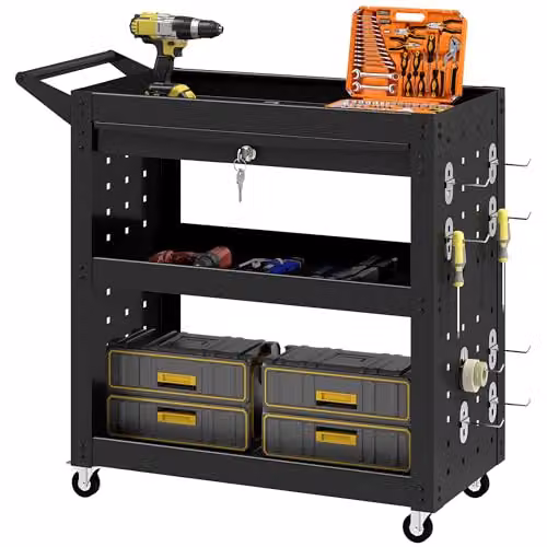 HOMCOM 3-Tier Steel Tool Cart with Pegboards, Drawer and Lockable Wheels, Black, W: 90.0 cm, D: 35.0 cm, H: 78.0 cm – 1