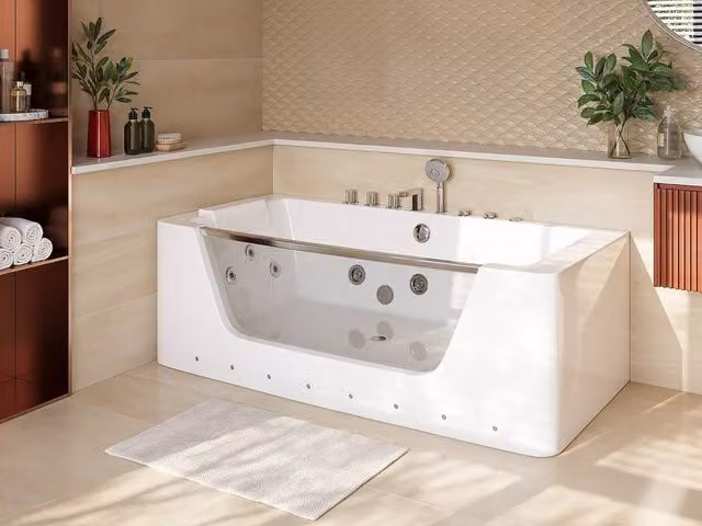 Vente-unique Semi-Island Glass Whirlpool Bath, 1 Seater, White, W/D/H: 170 x 85 x 90 cm