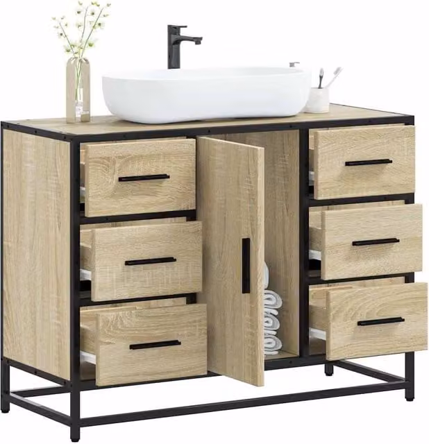 Berkfield Home Sonoma Oak Bathroom Sink Cabinet in Brown, W: 80 cm, D: 33 cm, H: 60 cm – 1