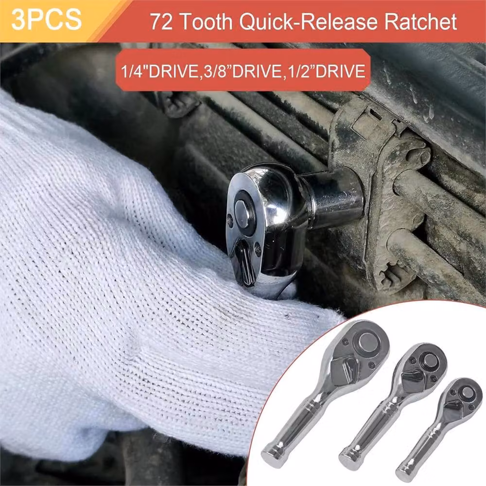 Nordara 3-Piece Stubby Reversible Ratchet Handle Set in Silver – 4