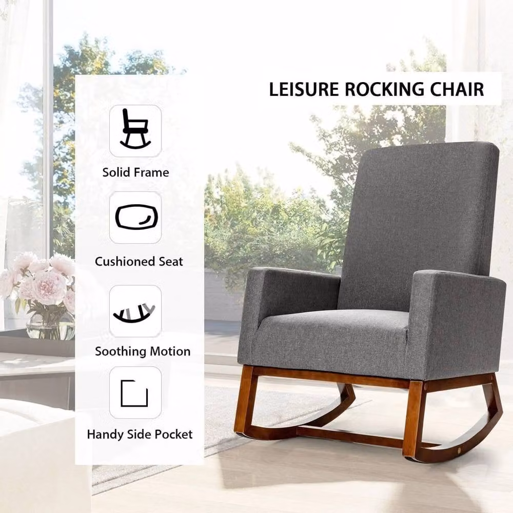 VOGREX Modern Upholstered Rocking Chair with Grey Fabric and Solid Rubberwood Base – 4
