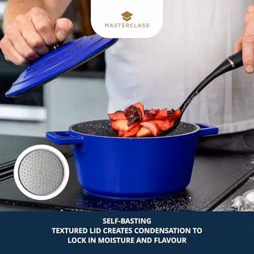 MasterClass Cast Aluminium Casserole Dish with Self Basting Lid, Blue, Diameter: 20 cm, Volume: 2.5 l – 3