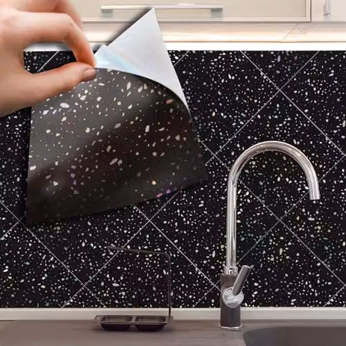WALPLUS Terrazzo Holographic Glitter Black Self Adhesive Wall Tile Stickers, 24 Pack, W/D/H: 15 x 15 x 0.54 cm – 2