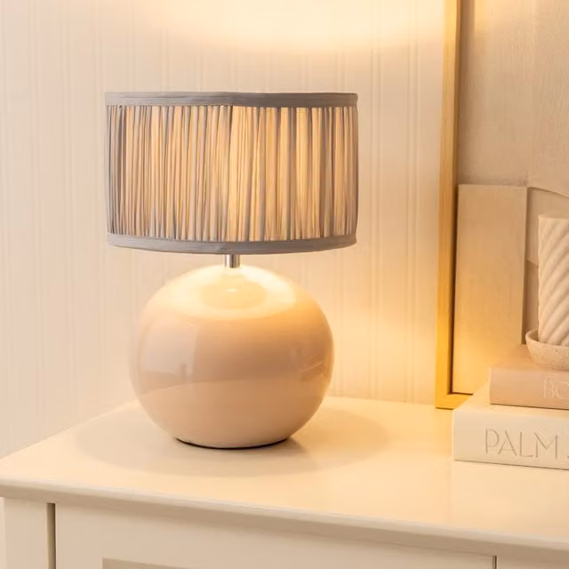 Bosco Stone Ceramic Table Lamp with Ruched Pleated Fabric Drum Shade in Blue