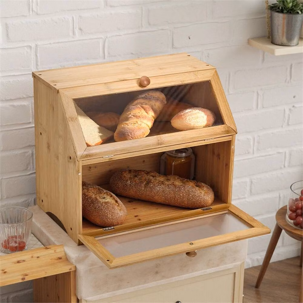 Hinsinc Natural Wood Colour Bread Bin Storage Box in Beige and Transparent – 2