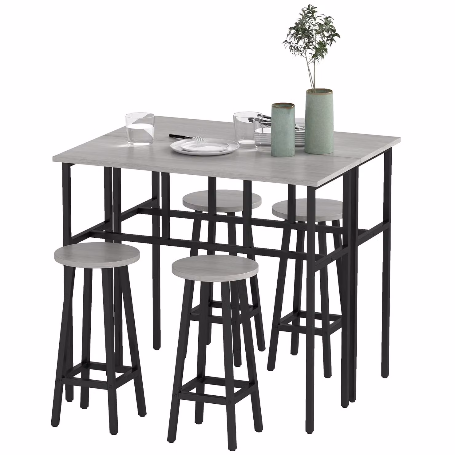 HOMCOM 6-Piece Bar Table Set with 2 Grey Breakfast Tables and 4 Stools for Kitchen, Living Room or Dining Room – 2