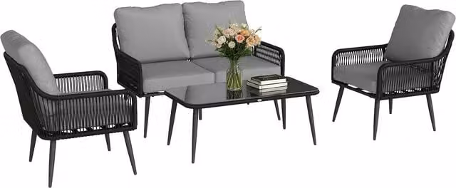 Outsunny 4 Piece Black Rattan Garden Furniture Set with Glass Top