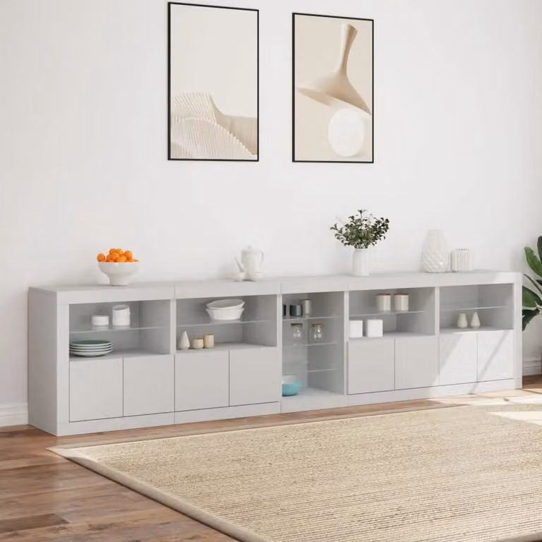 Berkfield Home Modern Glossy White Sideboard with Integrated LED Lighting W: 283 cm, D: 37 cm, H: 67 cm