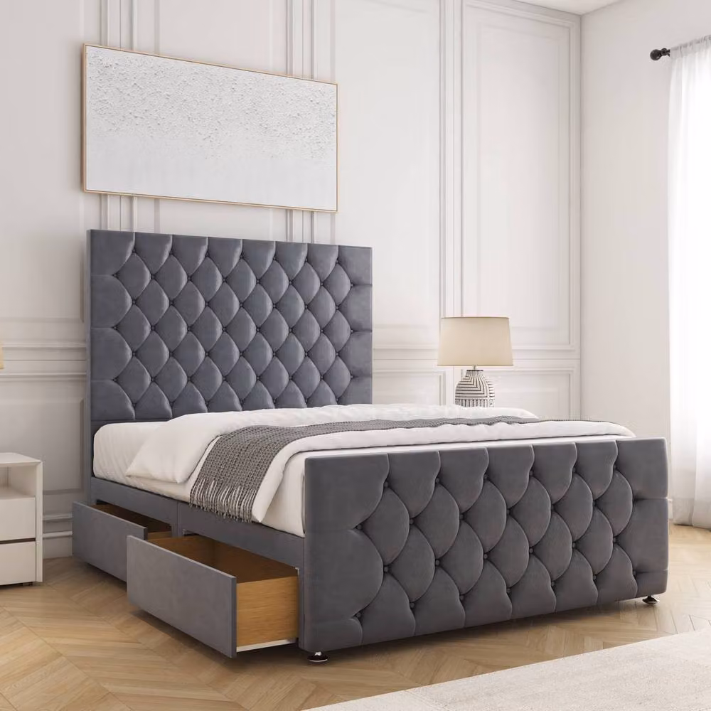 BSSPOKE Maya Velvet Divan Bed with 4 Drawers and Headboard and Footboard in Grey, W/D/H: 140 x 200 cm