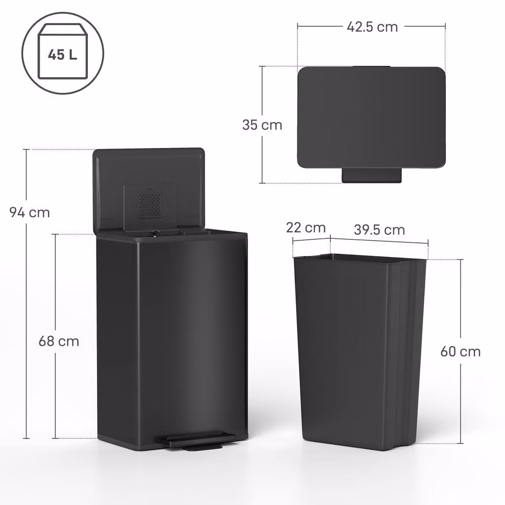 HOMCOM 45L Kitchen Pedal Bin with Soft-Close Lid and Removable Inner Bucket, Black – 3