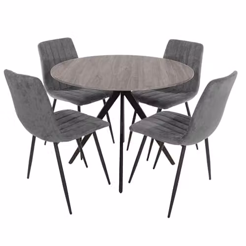 Core Products Aspen 5-Piece Dining Set with Round Grey Oak-Effect Wood Table and 4 Grey Upholstered Fabric Chairs with Black Metal Legs
