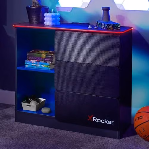 X Rocker Carbon-Tek RGB LED Chest of Drawers with 3 Drawers and 2 Open Shelves, Grey & Blue, Width: 70 cm