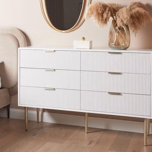 Wyld Haus Nordic 6-Drawer Chest in White Painted MDF with Metal Legs and Fluted Fronts, W/D/H: 120 x 40 x 78 cm – 1