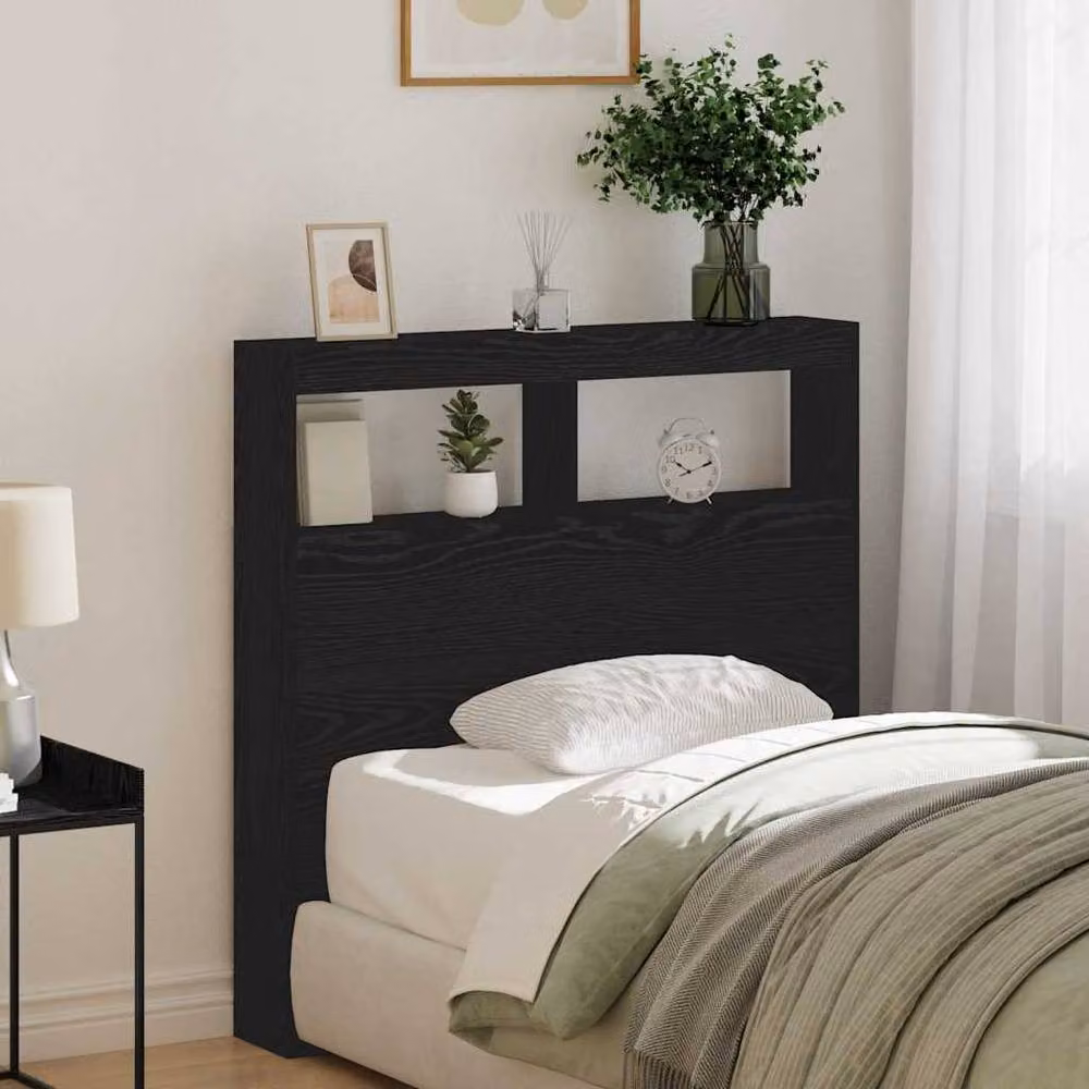 Berkfield Home LED Headboard Cabinet in Black Oak, W: 100 cm, D: 17 cm, H: 102 cm – 4