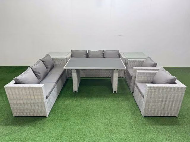 Fimous 8 Seater Outdoor Dining Set with 3 Seater Sofa and 2 Side Tables in Light Grey