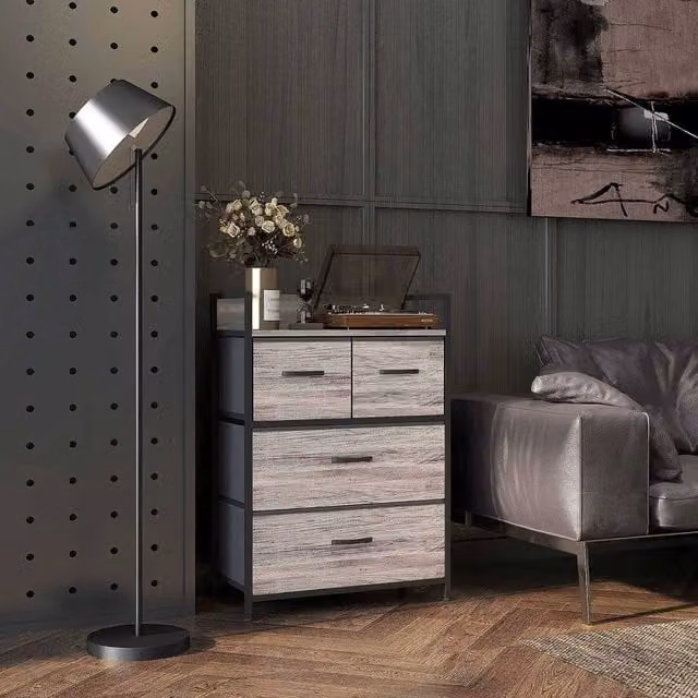 STILVORA Industrial Chest of 4 Drawers with Steel Frame in Grey Wood Effect