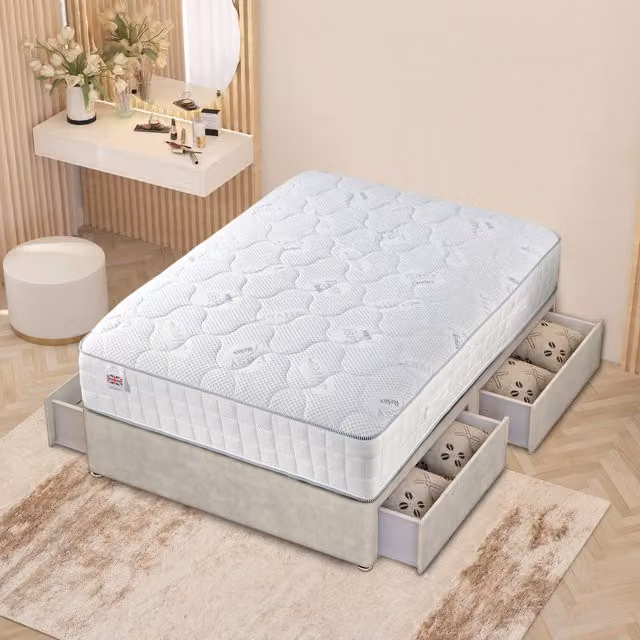 Horizona Silver Grey Upholstered Plush Velvet Hybrid Divan Bed with Drawers W/D/H: 180 x 200 cm